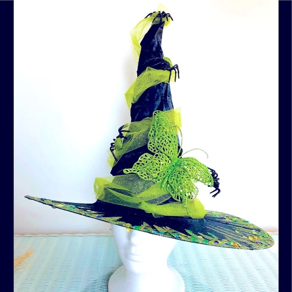 Witch hat Black & green spiders and butterfly sparkle covered broom top & bottom - Picture 12 of 15